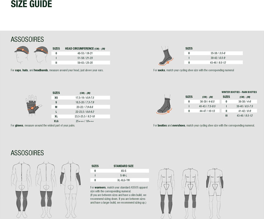 Assos tabulka velkosti prislusentstvo Accessories
