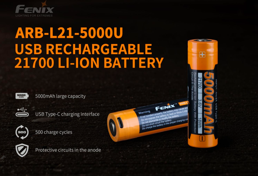 Fenix Rechargeable batery 21700 5000 mAh with USB-C (Li-ion) Rechargeable USB batery