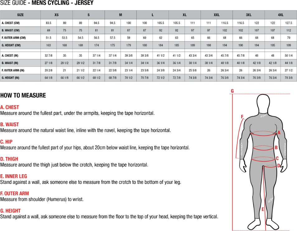 Alpinestars jersey size chart